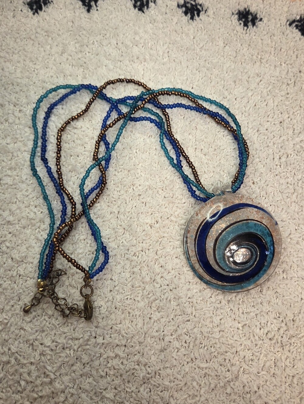 Murano Style Swirl Art Glass Pendant Necklace Blue Copper Foil Multi Strand Boho